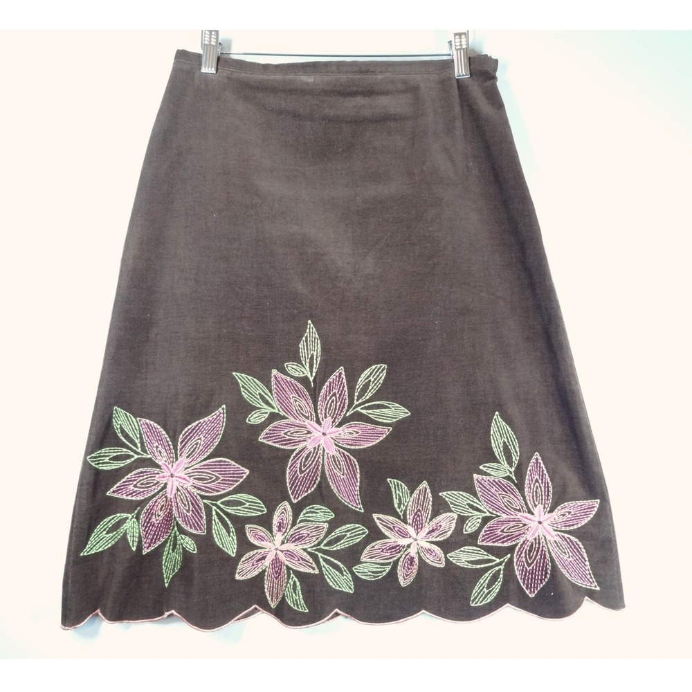 Y2K Prominence Corduroy Skirt 8 Brown Floral Embroidered Scallop Boho Midi
